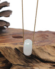 Baikalla "Ping An Kou" (Good Luck Button) White W/ Vibrant Green Spot Jadeite Jade Pendant Necklace