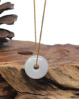Baikalla "Ping An Kou" (Good Luck Button) White W/ Vibrant Green Spot Jadeite Jade Pendant Necklace
