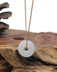 Baikalla "Ping An Kou" (Good Luck Button) White W/ Vibrant Green Spot Jadeite Jade Pendant Necklace