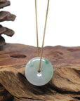 Baikalla "Ping An Kou" (Good Luck Button) White W/ Blue-Green Flowers Jadeite Jade Pendant Necklace