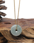 Baikalla "Ping An Kou" (Good Luck Button) Icy Light Blue-Green W/ Sajin Flecks Jadeite Jade Pendant Necklace