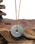 Baikalla "Ping An Kou" (Good Luck Button) Icy White & Blue-Green W/ Sajin Jadeite Jade Pendant Necklace