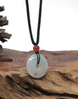 Baikalla "Ping An Kou" (Good Luck Button) Light Green W/ Orange Sajin Jadeite Jade Pendant Necklace