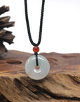 Baikalla "Ping An Kou" (Good Luck Button) Light Green W/ Orange Sajin Jadeite Jade Pendant Necklace