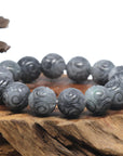 Baikalla Natural Grey & Black Wuji Burmese Jadeite Jade Carved Bead Bracelet
