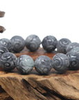 Baikalla Natural Grey & Black Wuji Burmese Jadeite Jade Carved Bead Bracelet