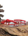 Natural Light Icy White Jadeite Jade "Ping An Kou" Braided Red Nylon Adjustable Drawstring Bracelet