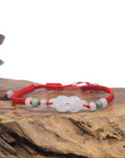 Natural Icy Light Color "Lucky Knot" Jadeite Jade Carving Braided Red Nylon Adjustable Drawstring Bracelet