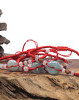 Natural Blue/ Blue Flower Jadeite Jade "Ping An Kou" Braided Red Nylon Adjustable Drawstring Bracelet