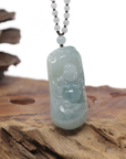 Baikalla Natural Icy Blue-Green Jadeite Jade "Happy Buddha & Bat" Pendant W/ Beaded Necklace