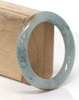 High-End Natural Icy Blue-Green Flower W/ Yellow-Brown Patches Jadeite Jade "Traditional Round" Bangle Bracelet (55.7mm)
