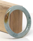 High-End Natural Icy Blue-Green Flower W/ Yellow-Brown Patches Jadeite Jade "Traditional Round" Bangle Bracelet (55.7mm)