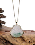 Baikalla Jewelry Gold Jadeite Jade Pendant Necklace Natural Burmese Jadeite Jade Happy Buddha Diamond Cut With 14k Yellow Bail