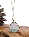 Baikalla Jewelry Gold Jadeite Jade Pendant Necklace Natural Burmese Jadeite Jade Happy Buddha Diamond Cut With 14k Yellow Bail