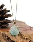 Baikalla Jewelry Gold Jadeite Jade Pendant Necklace Natural Burmese Jadeite Jade Happy Buddha Diamond Cut With 14k Yellow Bail