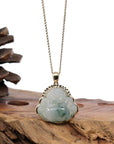 Baikalla Jewelry Gold Jadeite Jade Pendant Necklace Natural Burmese Jadeite Jade Happy Buddha Diamond Cut With 14k Yellow Bail