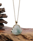Baikalla Jewelry Gold Jadeite Jade Pendant Necklace Natural Burmese Jadeite Jade Happy Buddha Diamond Cut With 14k Yellow Bail