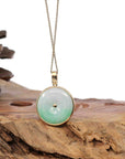 Baikalla Jewelry Gold Jadeite Jade Pendant Necklace 14K Yellow Gold "Good Luck Button" Necklace Green Jadeite Jade Lucky KouKou Pendant Necklace