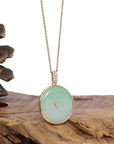 Baikalla Jewelry Gold Jadeite Jade Pendant Necklace 14K Yellow Gold "Good Luck Button" Necklace Green Jadeite Jade Lucky KouKou Pendant Necklace