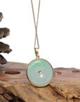 Baikalla Jewelry Gold Jadeite Jade Pendant Necklace 14K Yellow Gold "Good Luck Button" Necklace Green Jadeite Jade Lucky KouKou Pendant Necklace