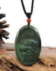 Baikalla Jewelry Jade Carving Necklace Natural Jade 12 Zodiac: Nephrite Jade Dog Pendant Necklace in Deep Green
