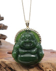 Baikalla Jewelry Gold Jade Buddha Baikalla™ "Laughing Buddha" Large 14k Yellow Gold Genuine Nephrite Green Jade with Diamonds Buddha Pendant Necklace High-end Collectable