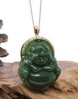 Baikalla Jewelry Gold Jade Buddha Baikalla™ "Laughing Buddha" Large 14k Yellow Gold Genuine Nephrite Green Jade with Diamonds Buddha Pendant Necklace High-end Collectable