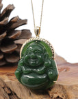 Baikalla Jewelry Gold Jade Buddha Baikalla™ "Laughing Buddha" Large 14k Yellow Gold Genuine Nephrite Green Jade with Diamonds Buddha Pendant Necklace High-end Collectable