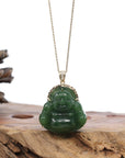 Baikalla Jewelry Gold Jade Buddha Baikalla™ "Laughing Buddha" 14k Yellow Gold Genuine Nephrite Green Jade with Diamonds Buddha Pendant Necklace High-end Collectable