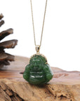 Baikalla Jewelry Gold Jade Buddha Baikalla™ "Laughing Buddha" 14k Yellow Gold Genuine Nephrite Green Jade with Diamonds Buddha Pendant Necklace High-end Collectable