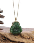 Baikalla Jewelry Gold Jade Buddha Baikalla™ "Laughing Buddha" 14k Yellow Gold Genuine Nephrite Green Jade with Diamonds Buddha Pendant Necklace High-end Collectable