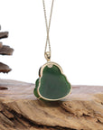 Baikalla Jewelry Gold Jade Buddha Baikalla™ "Laughing Buddha" 14k Yellow Gold Genuine Nephrite Green Jade with Diamonds Buddha Pendant Necklace High-end Collectable