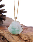 Baikalla Jewelry Gold Jadeite Jade Pendant Necklace Natural Burmese Jadeite Jade Happy Buddha With 14k Yellow Bail