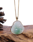 Baikalla Jewelry Gold Jadeite Jade Pendant Necklace Natural Burmese Jadeite Jade Happy Buddha With 14k Yellow Bail