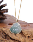 Baikalla Jewelry Gold Jadeite Jade Pendant Necklace Natural Burmese Jadeite Jade Happy Buddha Diamond Cut With 14k Yellow Bail