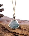 Baikalla Jewelry Gold Jadeite Jade Pendant Necklace Natural Burmese Jadeite Jade Happy Buddha Diamond Cut With 14k Yellow Bail