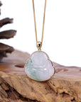 Baikalla Jewelry Gold Jadeite Jade Pendant Necklace Natural Burmese Jadeite Jade Happy Buddha With 14k Yellow Bail