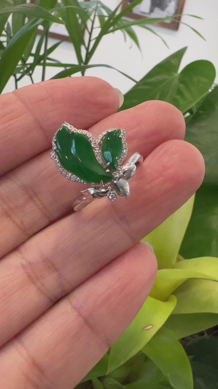 Baikalla 18k White Gold Natural Imperial Jadeite Jade Butterfly Engagement Ring With Diamonds