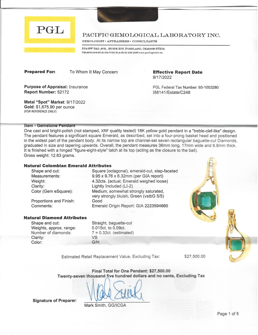 Baikalla Jewelry Gemstone Pendant Necklace Pendant Only 18k Yellow Gold Natural 4.23ct GIA Colombia Emerald Free From Necklace With Diamonds