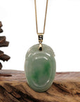 Baikalla Jewelry Jade Pendant Baikalla Natural Green Jadeite Jade Shou Tao ( Longevity Peach ) Necklace With 14k Yellow Gold VS1 Diamond Bail
