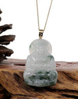 Baikalla Jewelry Jade Guanyin Pendant Necklace Copy of Baikalla "Goddess of Compassion" Genuine Burmese Ice Blue Jadeite Jade Guanyin Necklace With Good Luck Design 14K Gold Bail