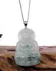 Baikalla Jewelry Jade Guanyin Pendant Necklace Copy of Copy of Baikalla "Goddess of Compassion" Genuine Burmese Ice Blue Jadeite Jade Guanyin Necklace With Good Luck Design 14K Gold Bail