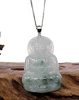 Baikalla Jewelry Jade Guanyin Pendant Necklace Copy of Copy of Baikalla "Goddess of Compassion" Genuine Burmese Ice Blue Jadeite Jade Guanyin Necklace With Good Luck Design 14K Gold Bail