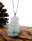 Baikalla Jewelry Jade Guanyin Pendant Necklace Copy of Copy of Baikalla "Goddess of Compassion" Genuine Burmese Ice Blue Jadeite Jade Guanyin Necklace With Good Luck Design 14K Gold Bail