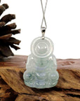 Baikalla Jewelry Jade Guanyin Pendant Necklace Copy of Copy of Baikalla "Goddess of Compassion" Genuine Burmese Ice Blue Jadeite Jade Guanyin Necklace With Good Luck Design 14K Gold Bail