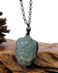 Baikalla Jewelry Jade Carving Necklace Baikalla™ The Demon Hunter" (Zhong Kui) Natural Jadeite Dark Green to Deep Blue Jade Necklace, Collector's piece