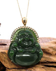 Baikalla Jewelry Gold Jade Buddha Pendant Only Baikalla™ "Laughing Buddha" Large 18k Yellow Gold Genuine Nephrite Green Jade with Diamonds Buddha Pendant Necklace High-end Collectable