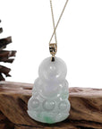 Baikalla Jewelry Jade Guanyin Pendant Necklace "Goddess of Compassion" 14k Yellow Gold Genuine Burmese Jadeite Jade Guanyin Necklace With Good Luck Design
