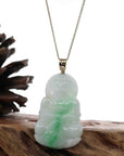 Baikalla Jewelry Jade Guanyin Pendant Necklace "Goddess of Compassion" 14k Yellow Gold Genuine Burmese Jadeite Jade Guanyin Necklace With Good Luck Design
