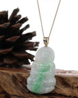 Baikalla Jewelry Jade Guanyin Pendant Necklace "Goddess of Compassion" 14k Yellow Gold Genuine Burmese Jadeite Jade Guanyin Necklace With Good Luck Design